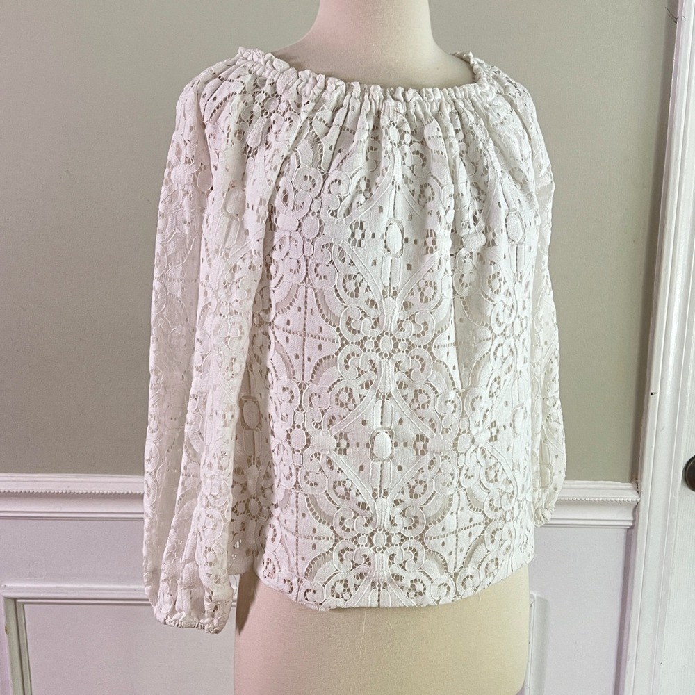 Lace Crochet Blouse Medium Womens Boho Off Shoulder Long Sleeve White Romantic